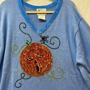 The Quaker Factory Halloween V-Neck Light Blue‎ Sequin Pumpkin Spider Sweater 2X